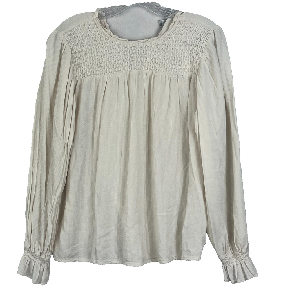 A New Day Top Womens XL Blouse Ivory Long Sleeve Smocked Rayon Ruffled Cottage